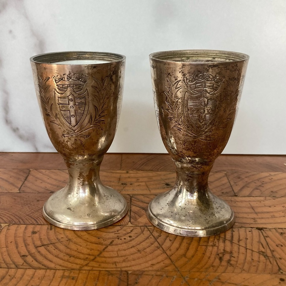 Vintage Pair Nickel Silver Egg Cups with Crests